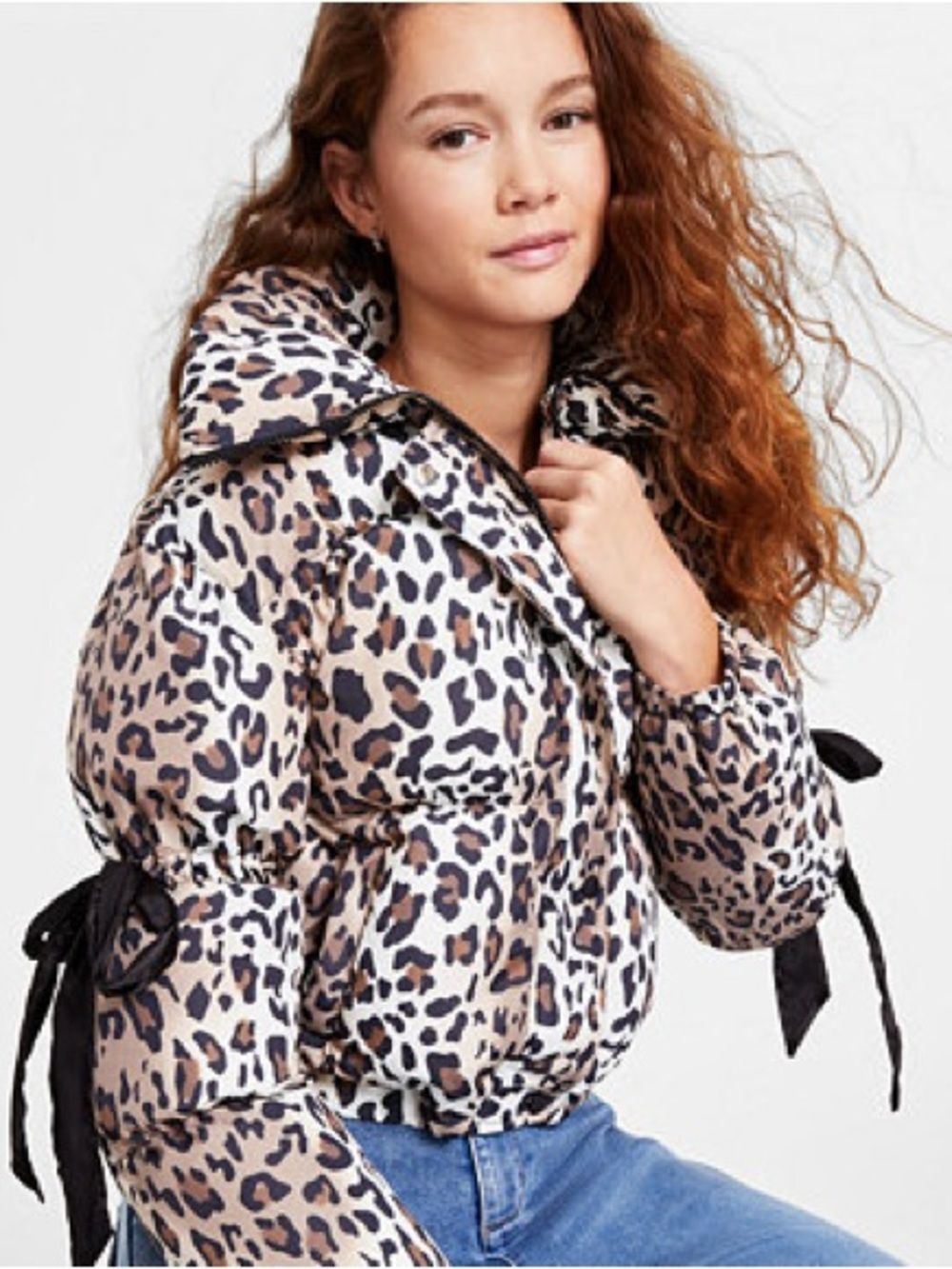 NWT Madden Girl Leopard Print Bow Sleeve Cropped Puffer Jacket Coat - Small (XS)